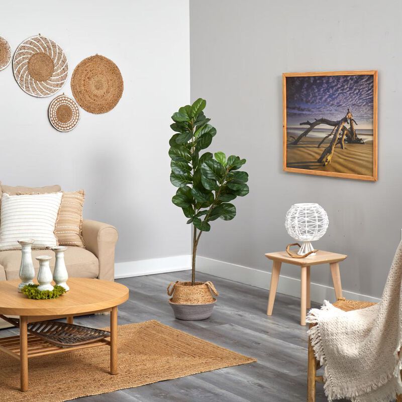 Hivvago 4.5 Feet Fiddle Leaf Fig Artificial Tree with Boho Chic Handmade Cotton and Jute White Woven Planter