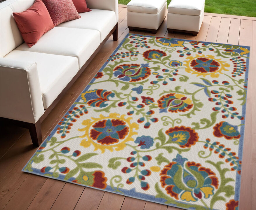 HomeRoots 4' X 6' Ivory Red Green Blue And Yellow Floral Indoor Outdoor Area Rug