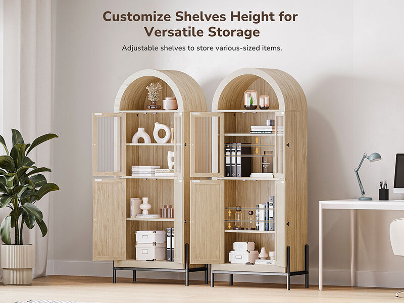 BELLEZE 65 Inch Storage Cabinet, Freestanding Arched Bookshelf for Living Room, Curio Cabinet with Reeded Glass Door, Storage and Organizer Cabinet with Adjustable Shelves for Kitchen - White Lotus
