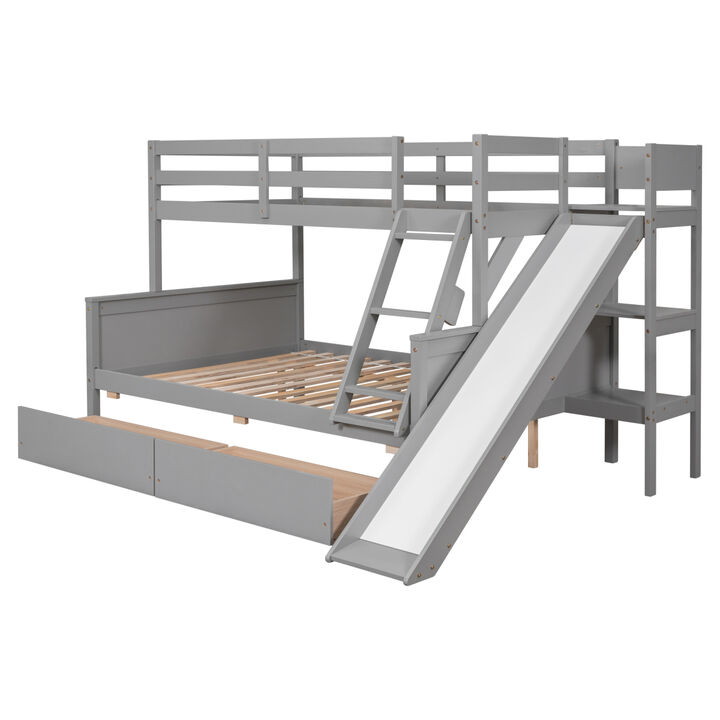 Twin over Full Bunk Bed with 2 Drawers, Slide, Shelves Gray