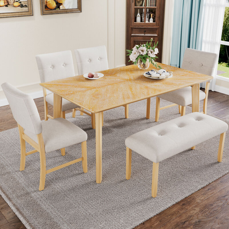 Merax 6 Piece Dining Room Table Set, Rustic Farmhouse Dining Room Rectangular Table with 4 Upholstered Chairs and Bench
