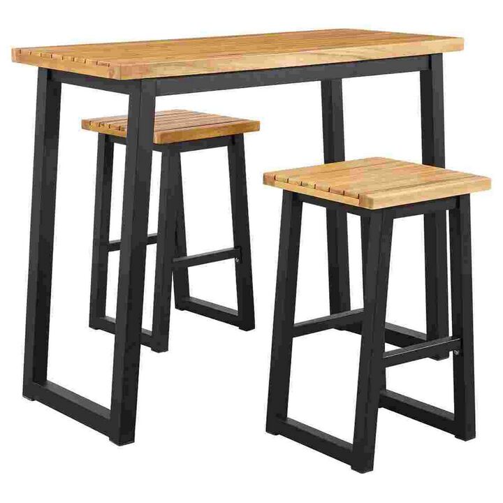 3 Piece Counter Height Table Set with Metal Sled Base, Black and Brown-Benzara