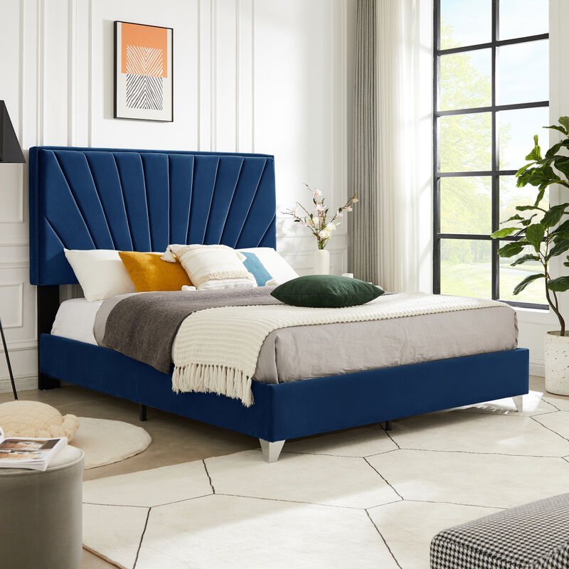 Queen bed Beautiful line stripe cushion headboard, strong wooden slats + metal legs with Electroplate