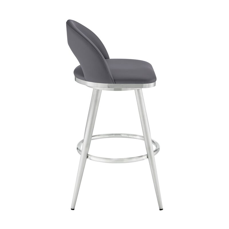 Visy 30 Inch Swivel Barstool Chair, Round Open Back, Gray Faux Leather - Benzara