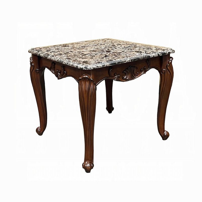 Aliya Side End Table, Rectangular 28 Inch Marble, Cherry Brown Wood