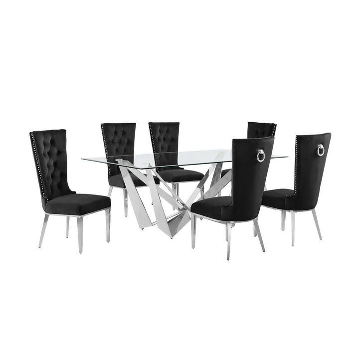7pc Small(78") glass dining set with silver base and 6 Black side chairs