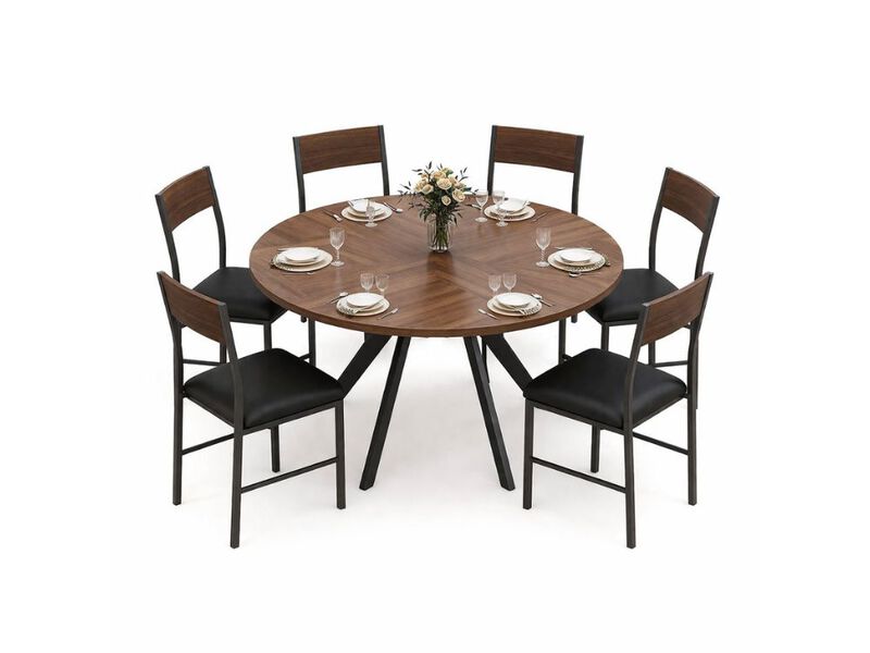 Dining Set &ndash; 6‑Seat Walnut Round Pedestal Table with Chairs, Metal Frame Space‑Saving Design image number 0