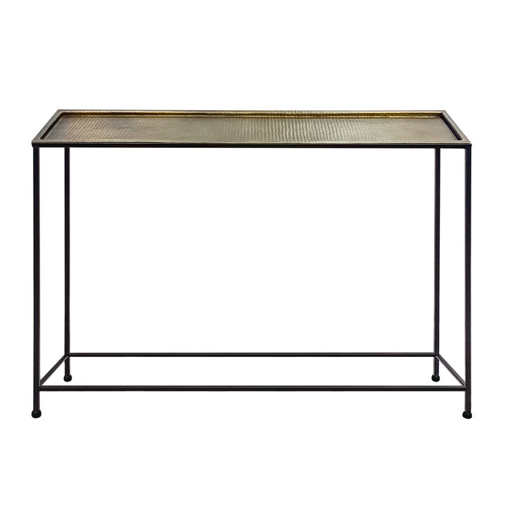 Aurelia 48 Inch Console Sofa Table, Artisanal Hammered Antique Bronze Tray Top, Industrial Black Iron Frame-Benzara