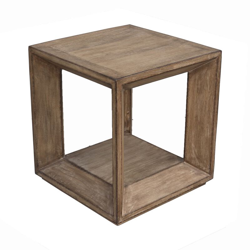 Limy Side End Table, 22 Inch Square Top, Shelf, Antique Brown Wood