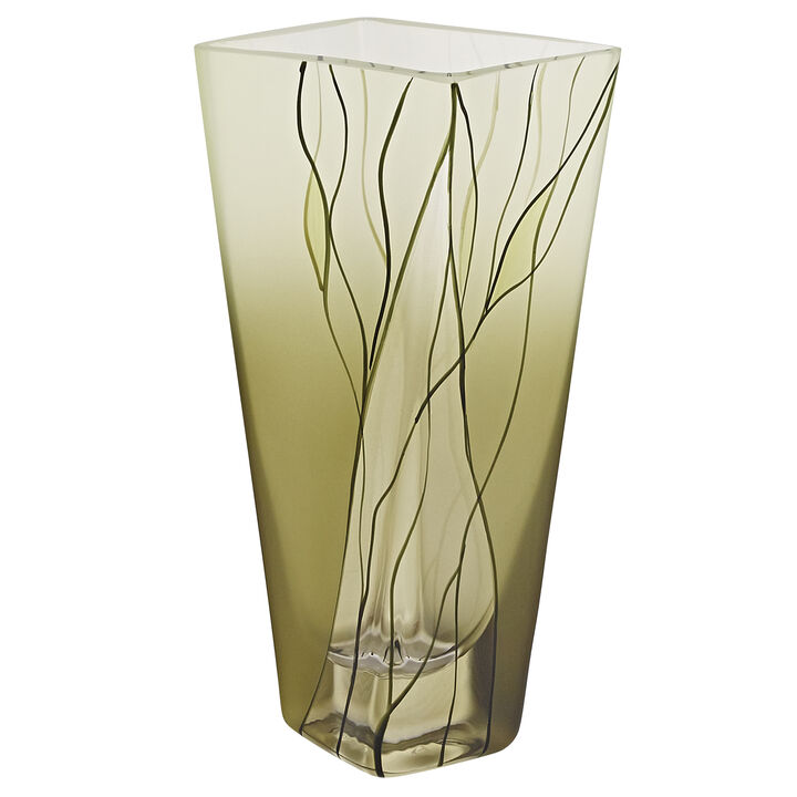 Hand-Decorated Green Glass Squarish Vase for Tabletop Display