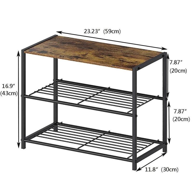 Hivvago 2-Shelf Entryway Shoe Rack Bench with Black Metal Frame and Brown Wood Top