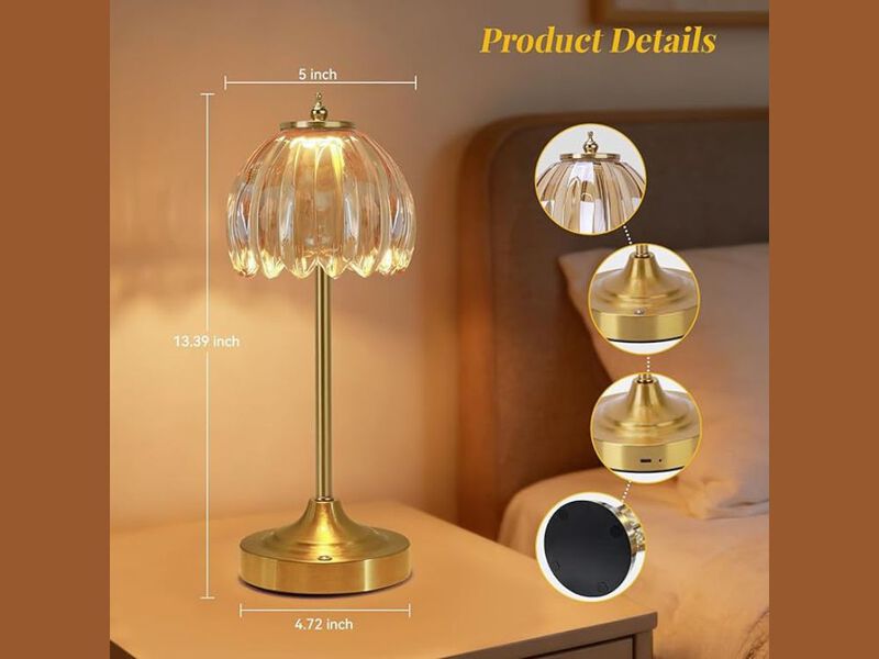 Rechargeable Glass Table Lamp with 5000mAh Battery, Touch Dimmable Night Light image number 2