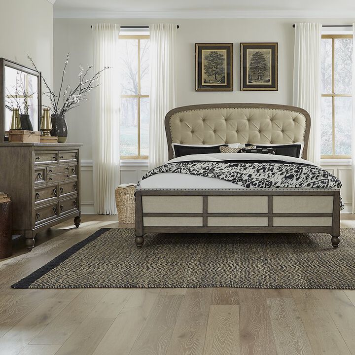 Liberty Furniture Americana Farmhouse Queen Shelter Bed, Dresser & Mirror - Dusty Taupe & Black
