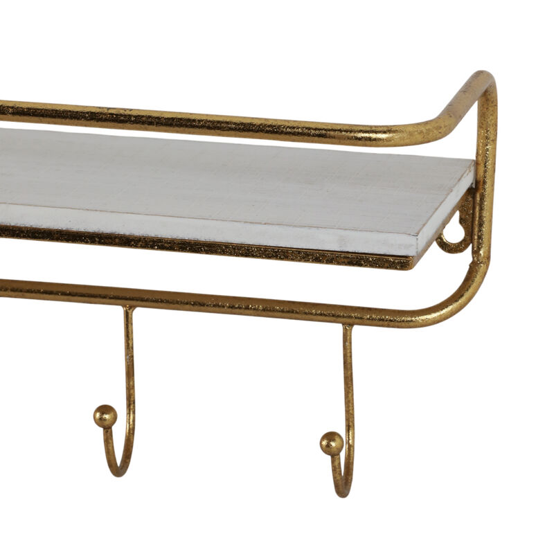 Metal/wood 20" 5  Hook Wall Shelf, White/gold image number 5