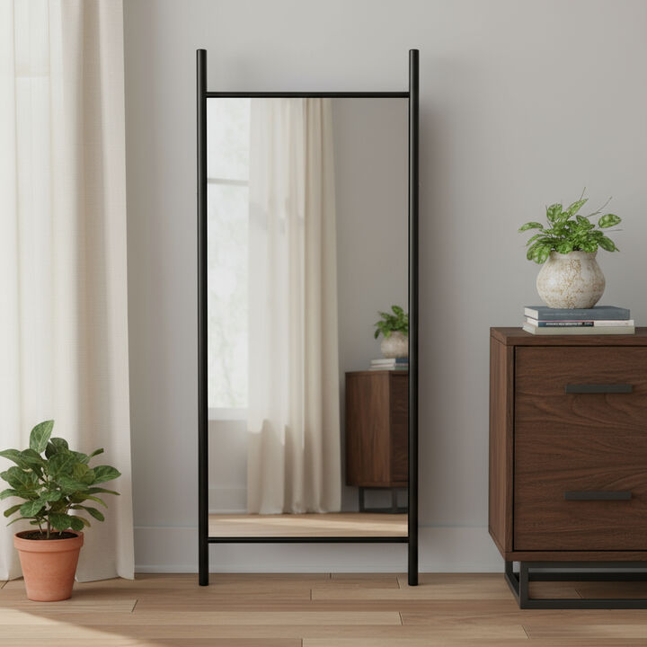 HomeRoots 71" Black Wood Leaning Ladder Framed Full Length Mirror