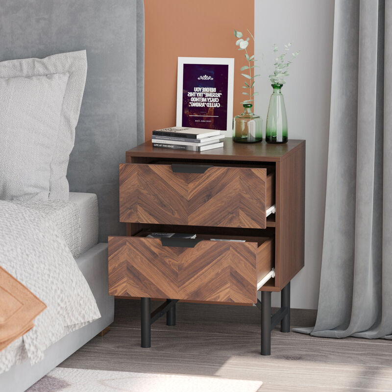 2-Drawer Brown Wood Nightstand With Metal Legs, Side Table Bedside Table 24 in. H x 18.9 in. W x 15.7 in. D