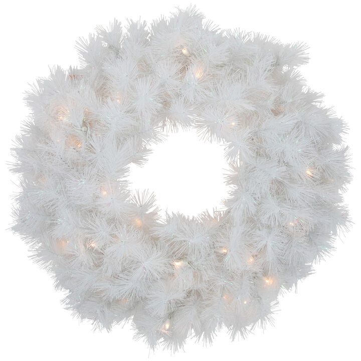 Pre-Lit White Alaskan Pine Artificial Christmas Wreath  24-Inch  Warm White LED Lights