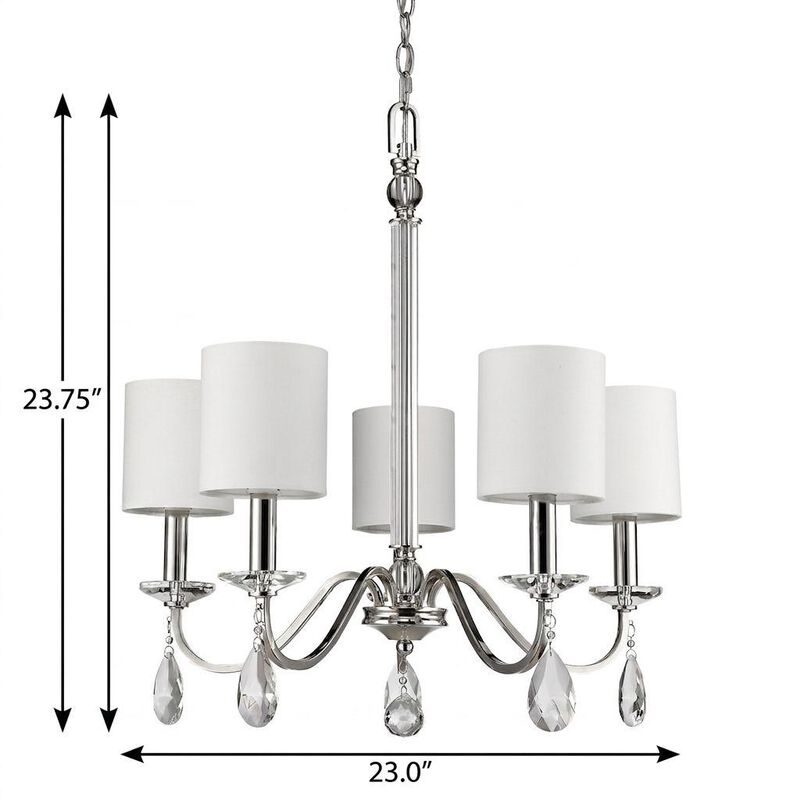 HomeRoots Silver Candle Style Five Light Metal and Crystals Dimmable Chandelier With White Shades image number 3