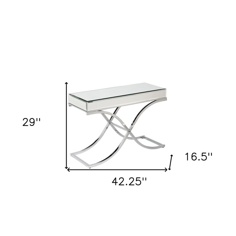 HomeRoots 42" Silver Mirrored Glass and Metal Cross Leg Console Table image number 2