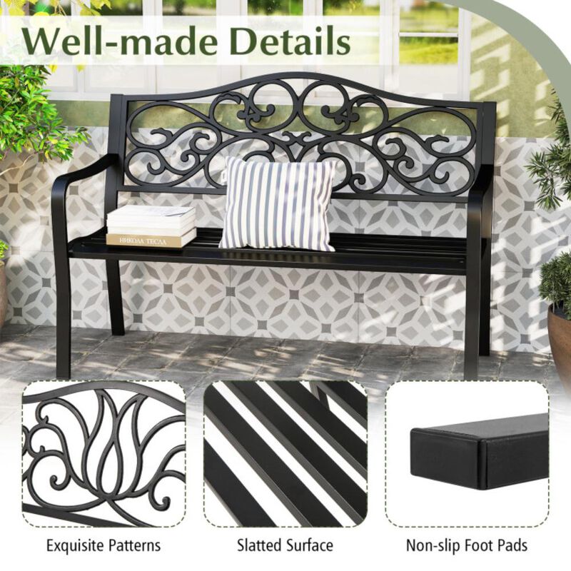 Hivvago 50 Inches Outdoor Garden Bench with Floral Design Backrest and Slatted Seat