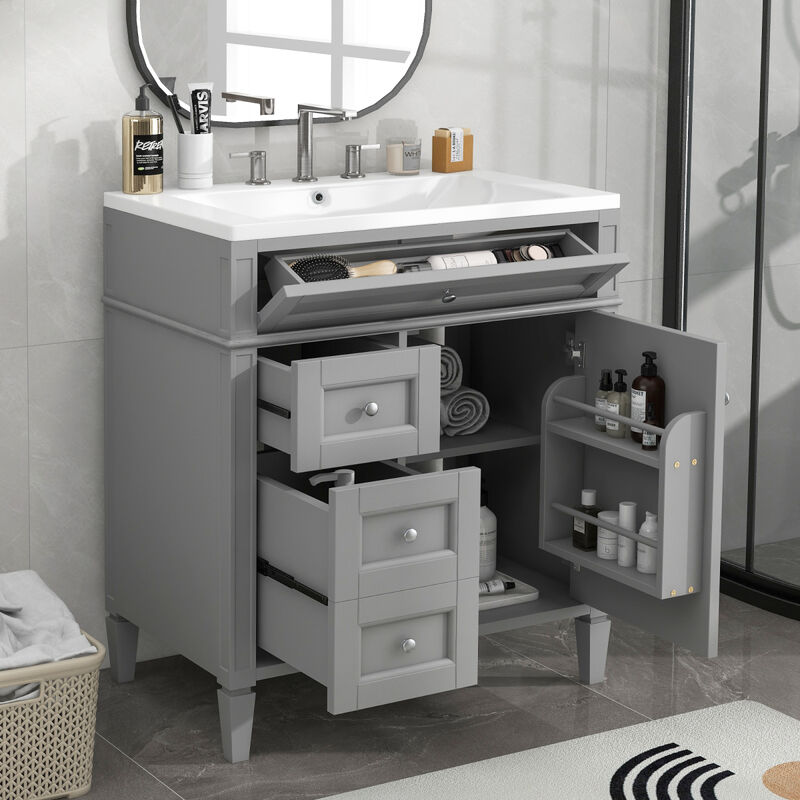 30" Bathroom Vanity with Top Sink, Modern Bathroom Storage Cabinet with 2 Drawers and a Tip-out Drawer, Single Sink Bathroom Vanity