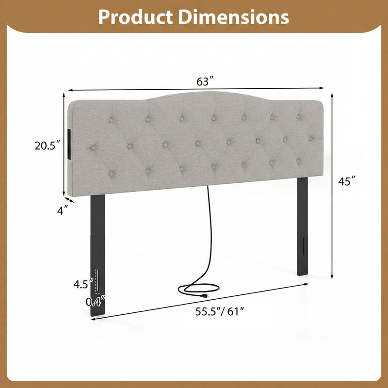 Upholstered Tufted Headboard for Full and Queen Beds with 2 Power Outlets image number 2