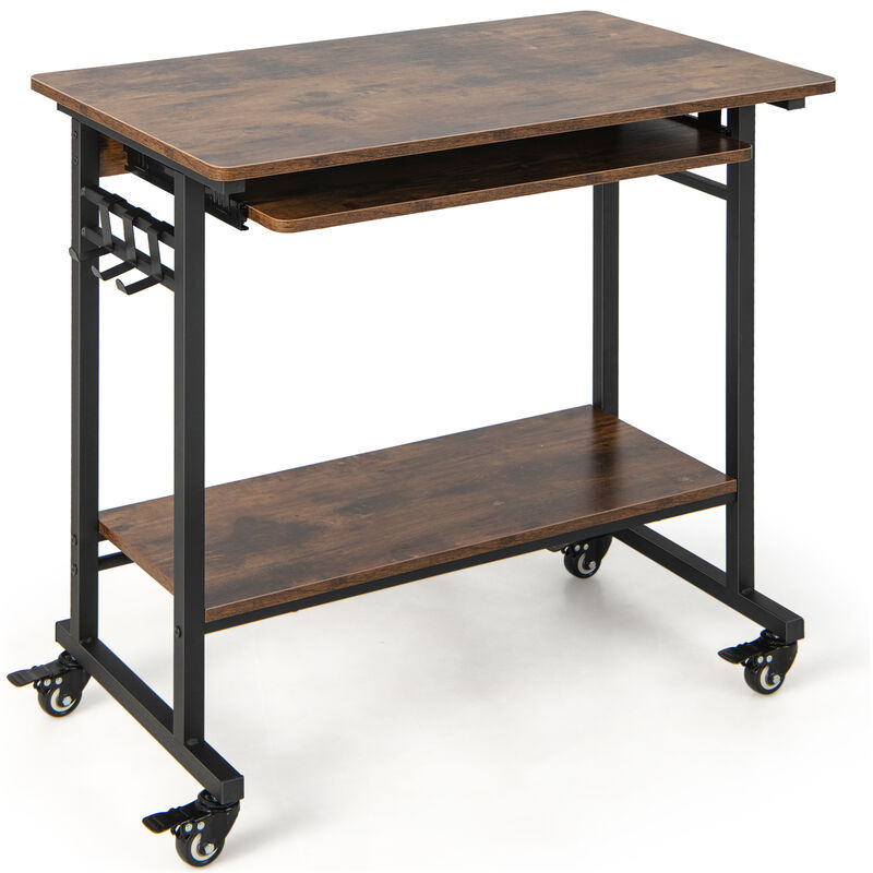 Home Office Computer Desk Cart with Pull-out Keyboard Tray-Rustic Brown