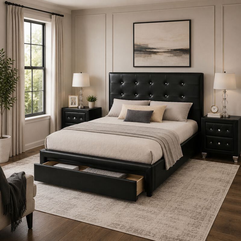Queen Bedroom Set, Black Wood, 3 Piece Set with 2 Nightstands image number 8