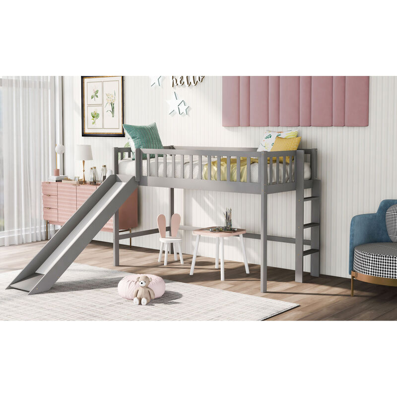Twin Size Low Loft Bed with Ladder and Slide