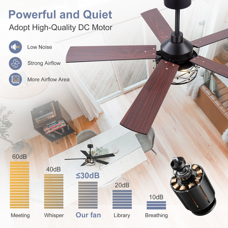 Breezary 52" Ceiling Fan with Lights, E26 Glass Shade,Wood Blades, Quiet DC Motor, Remote Control, 6 Speeds, Reversible, Timer image number 6