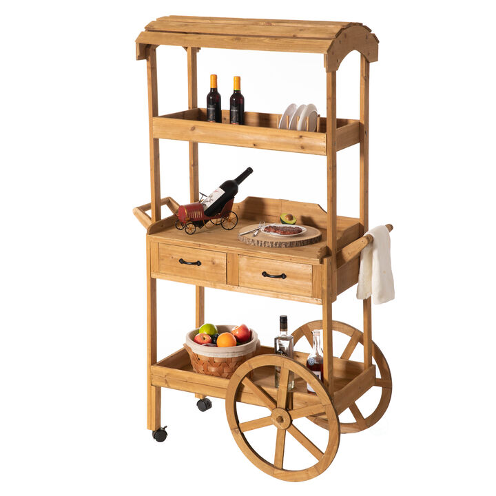 Large Wooden Display Rolling Table with Drawers and Wheels 3 Tier with Shelves for Food and More