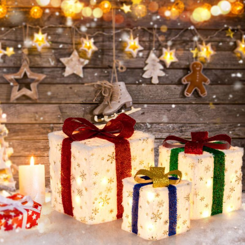 Set of 3 Christmas Lighted Gift Boxes with 48 Bright Warm Lights image number 1