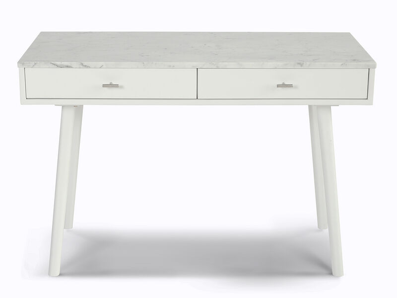 Viola 44"L x 15"W x 30"H Rectangular Italian Carrara White Marble Writing Desk with Oak Legs