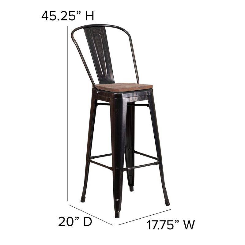 Flash Furniture Lily 30" High Black-Antique Gold Metal Barstool with Back and Wood Seat