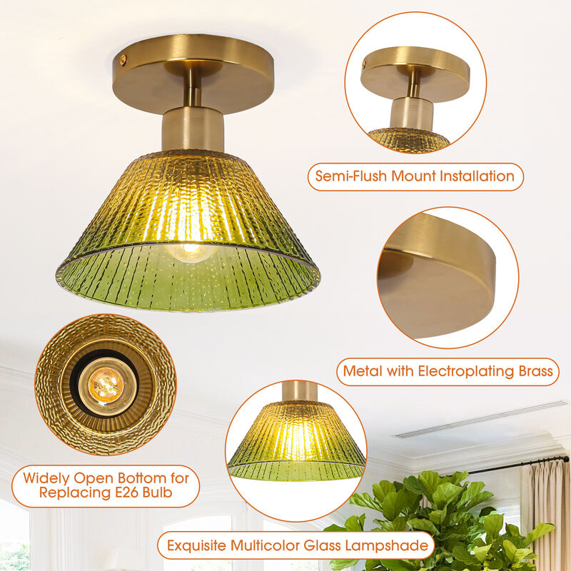 7.5" Vintage Green Glass Semi Flush Mount Ceiling Light
