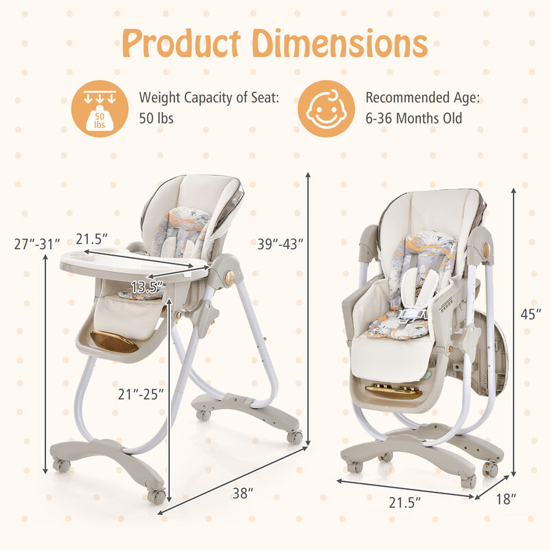Folding Baby Dining High Chair with Adjustable Height and Recline-Gray