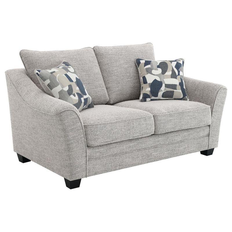 Kito Loveseat, 61 Inch Modern Light Gray Fabric, 2 Accent Pillows - Benzara