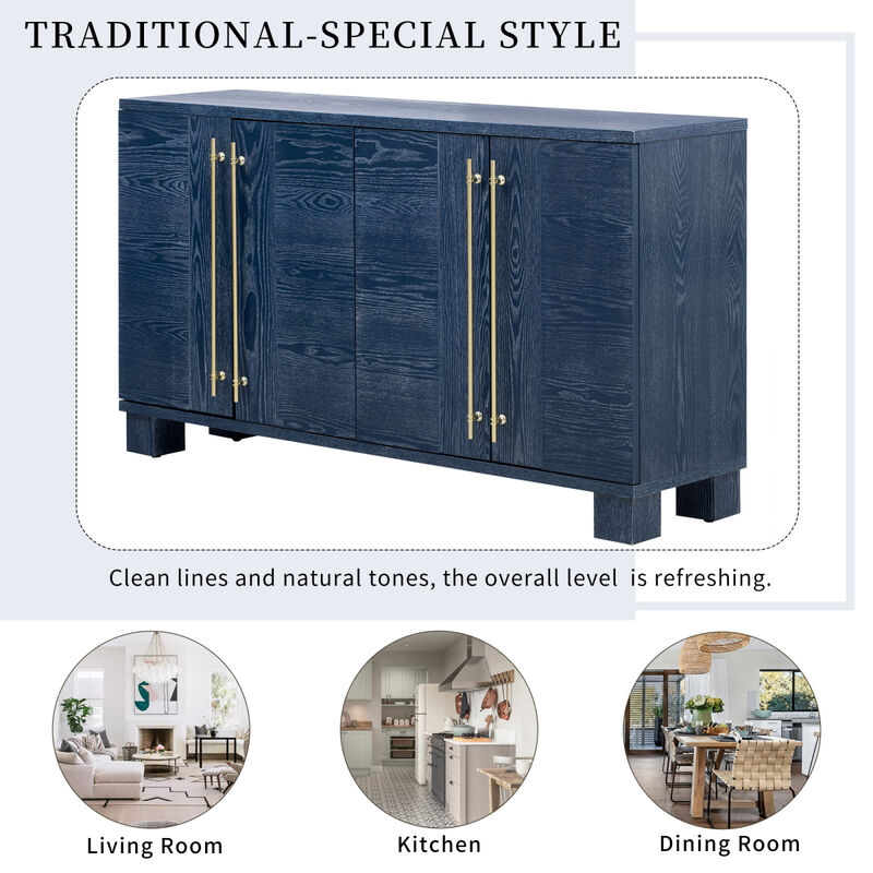 Wood Traditional Style Sideboard with Adjustable Shelves and Gold Handles for Kitchen, Dining Room and Living Room (Antique Navy)