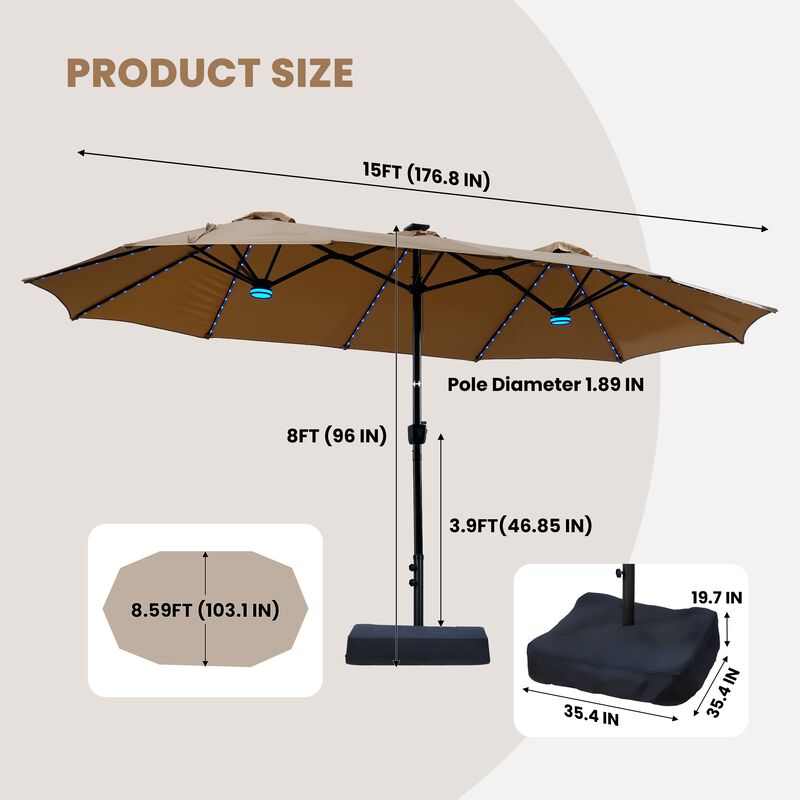 15FT Double-Sided Heavy Duty Solar RGB LED Patio Umbrella with Base, Dual Charging, Crank Handle image number 8