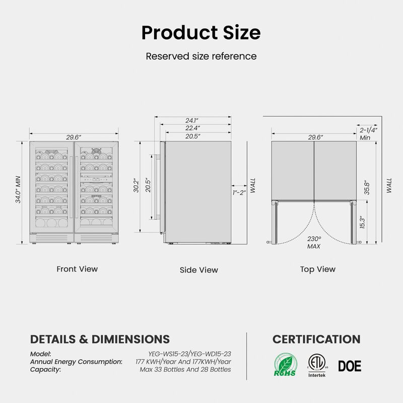30 inch Wine Refrigerator cooler, Two 15'' Dual Zone Wine Cooler Fridge, Hold 61 Standard 750ml Wine Bottles Built-in image number 8