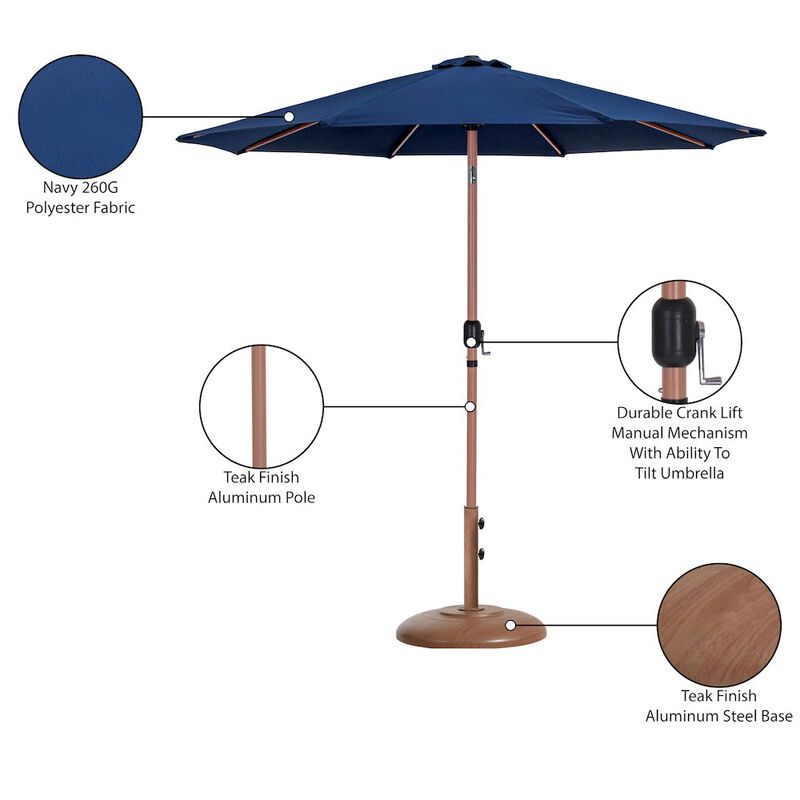 Meridian Furniture Fiji Navy Fabric / Teak Aluminum Patio Umbrella with Base Sets
