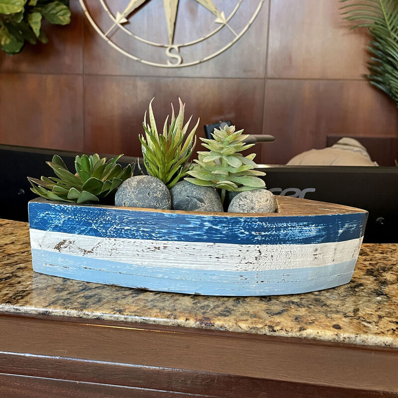12 Inch Wooden Boat Tray &ndash; Nautical Blue Coastal Decor Centerpiece Bowl image number 6