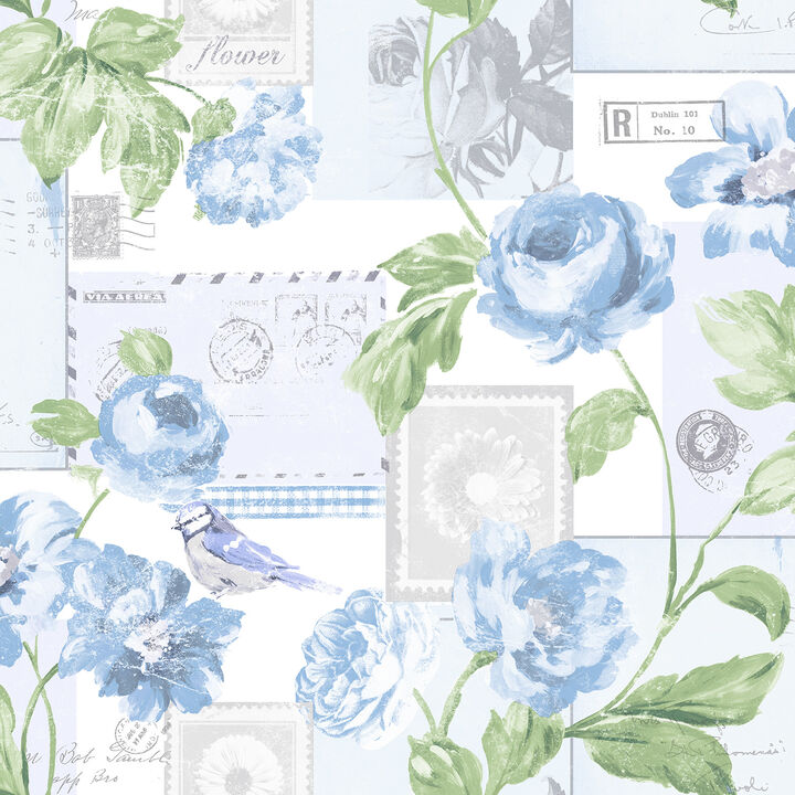 Country Cottage Flowers Postcard Blue Wallpaper S45203