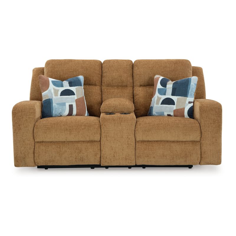 Damon Double Reclining Loveseat, Camel Brown Polyester, 2 Pillow - Benzara