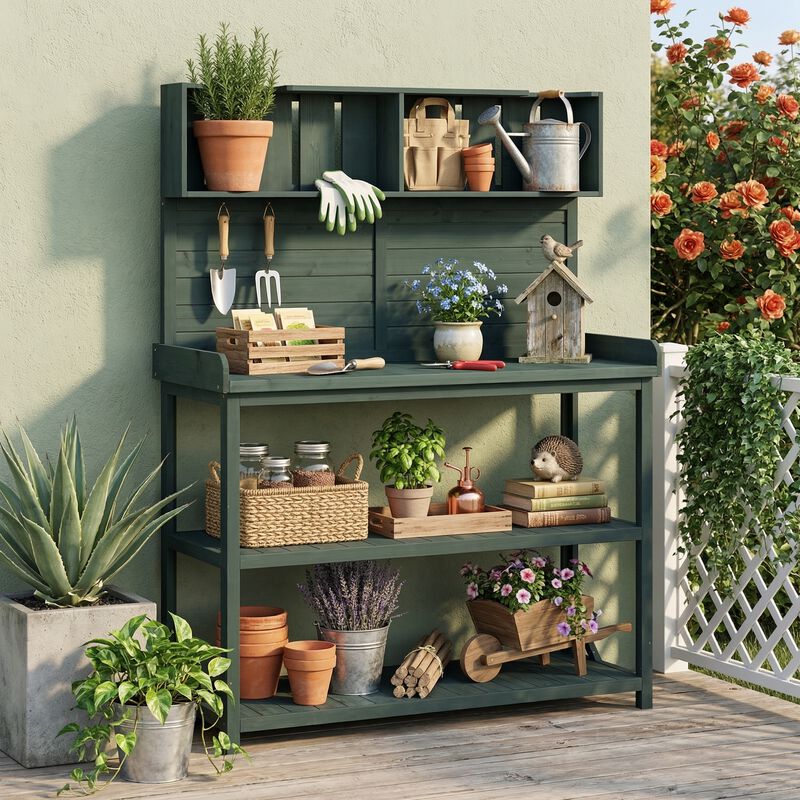 Whisen Rustic Potting Bench, Spacious Outdoor Workstation with 4 Shelves and Tool Hooks image number 1