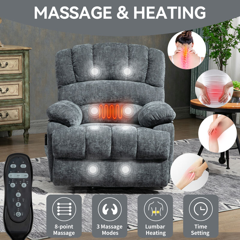 23" Seat Width and High Back Large Size Beige Chenille Power Lift Recliner Chair with 8-Point Vibration Massage and Lumbar Heating