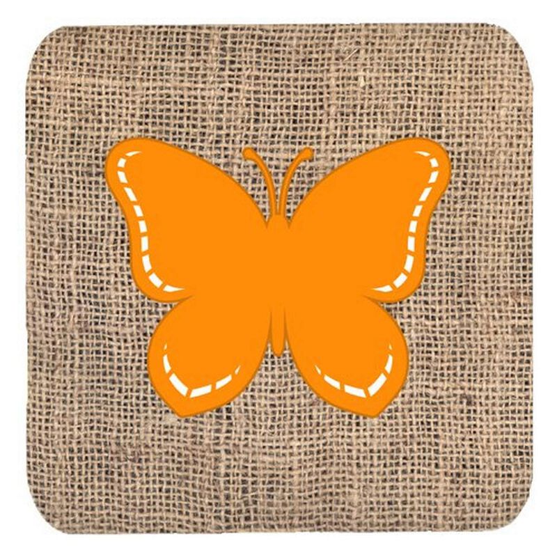 Caroline's Treasures BB1035-BL-OR-FC Butterfly Burlap and Orange Foam Coasters (Set of 4), 3.5 H x 3.5 W, Multicolor