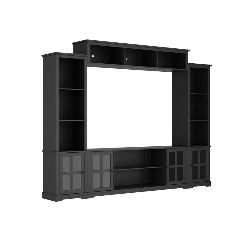 Black Wood TV Stand Fits TV's up to 75 in. with Top Open Shelves, Bookcase and Tempered Glass Door Cabinet