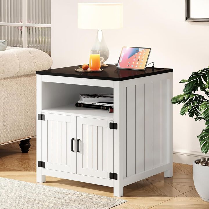 End Table with Charging Station, 24" Large Side Table with Open Shelf and Barn Door Storage, Wood Bedside Table Nightstand for Living Room, Bedroom
