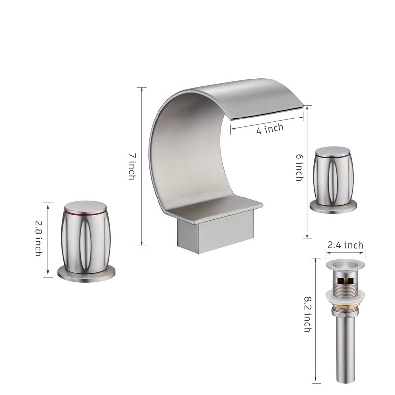 Mondawe Luxury C-Shape Arc Waterfall Spout 2-Handle 8 inch Widespread Bathroom Sink Faucet With Pop-up Drain in Brushed Nickel